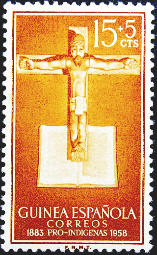 Гвинея Испанская 1958 год . Христос на кресте на Библии . Каталог 0,50 €. 